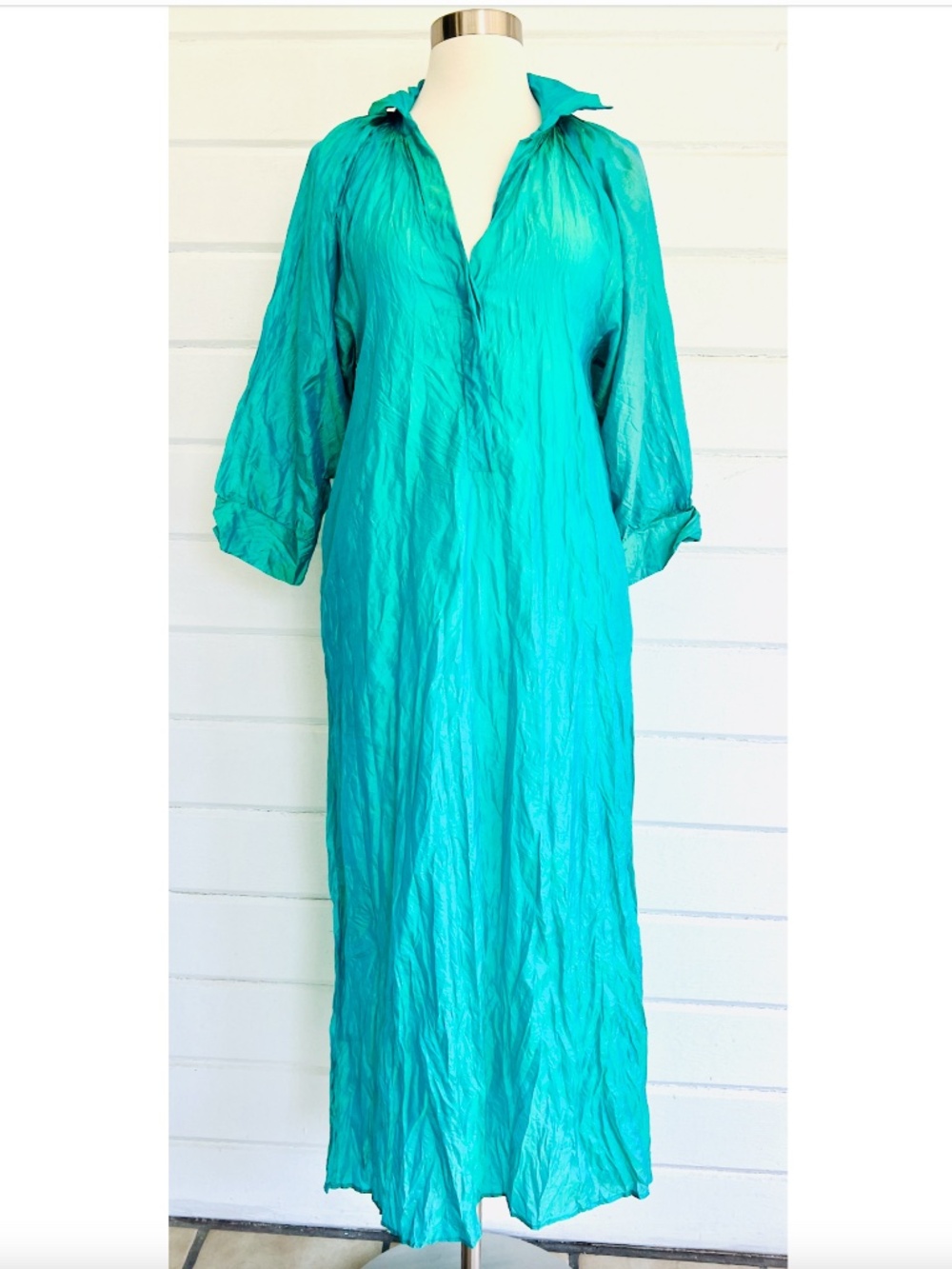 TANAVANA 'Mariana' 100% Silk Iridescent Turquoise Pop Over Shirt Dress -NWT! -XS